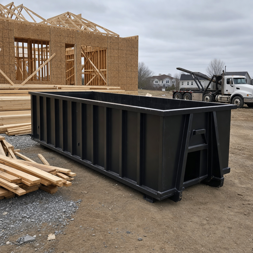 Matte-black 40-yard roll-off dumpster staged on a framed-out residential construction site in Smithfield, framing lumber stacked nearby, hooklift delivery truck visible in the background under bright Colorado daylight