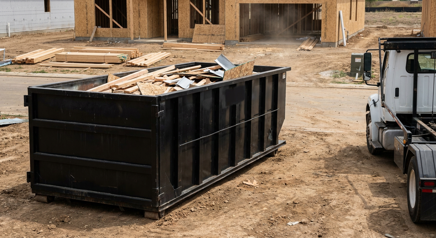 Matte-black 20-yard roll-off construction dumpster with heavy ribbed steel sidewalls and swing rear doors at a working jobsite in Smithfield, sitting directly on compacted dirt with an unmarked white hauler partially visible at the far edge of the frame.