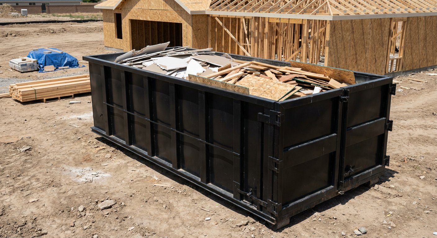Matte-black 30-yard roll-off construction dumpster sitting directly on the compacted-dirt site of a framed single-family home build in Smithfield, drywall and lumber scrap loaded inside.