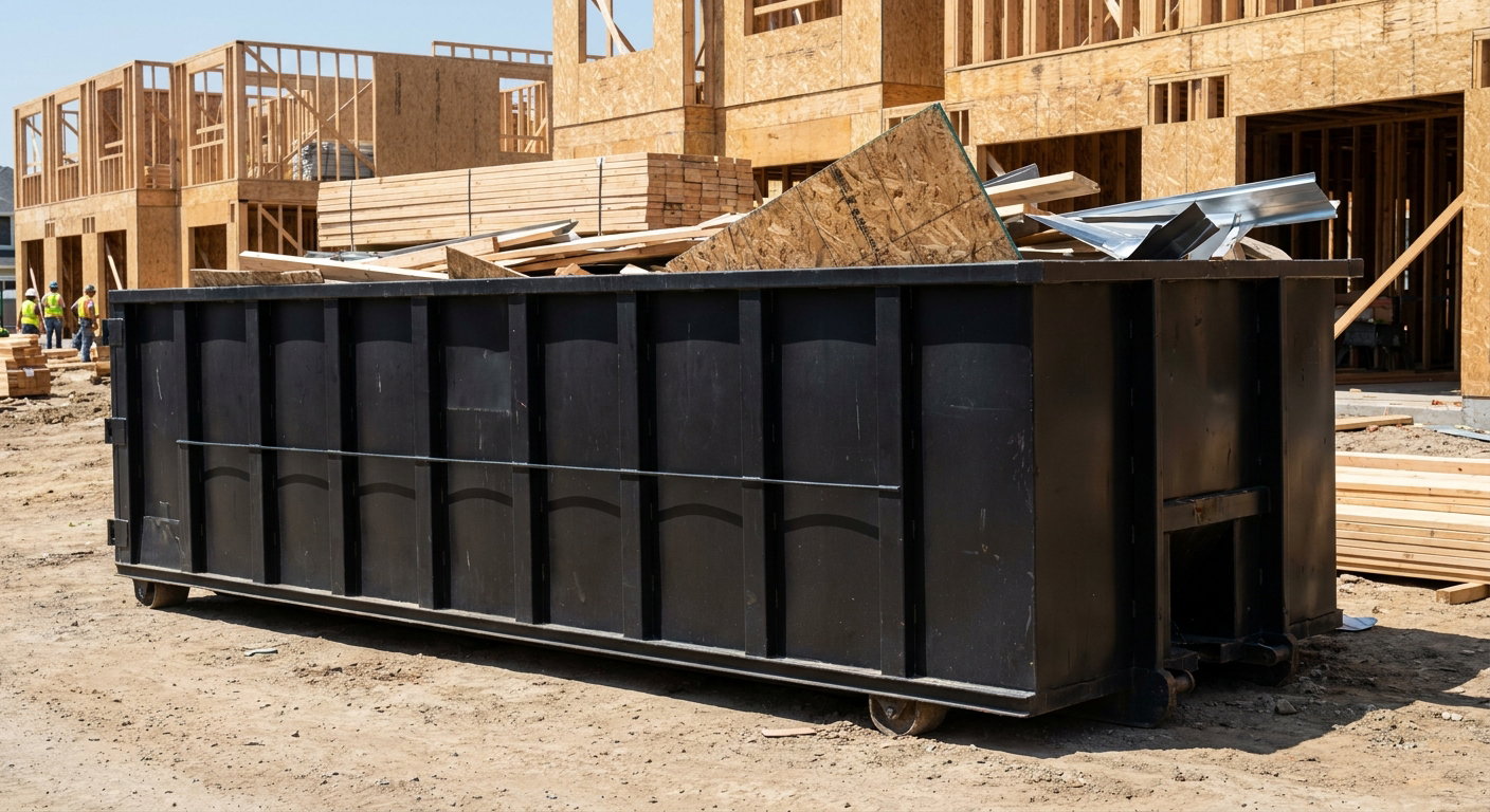 Matte-black 40-yard roll-off construction dumpster being lowered from a white-cab hooklift delivery truck onto the compacted-dirt jobsite at a commercial build site in Smithfield