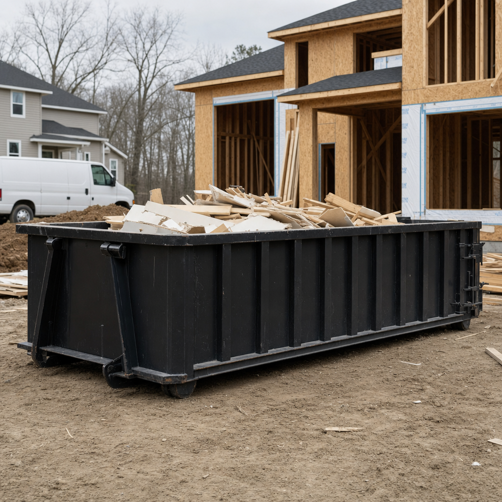 Worker in a yellow high-visibility vest tossing framing lumber and broken drywall into a matte-black 30-yard construction roll-off dumpster on an active build site in Smithfield, bright daylight