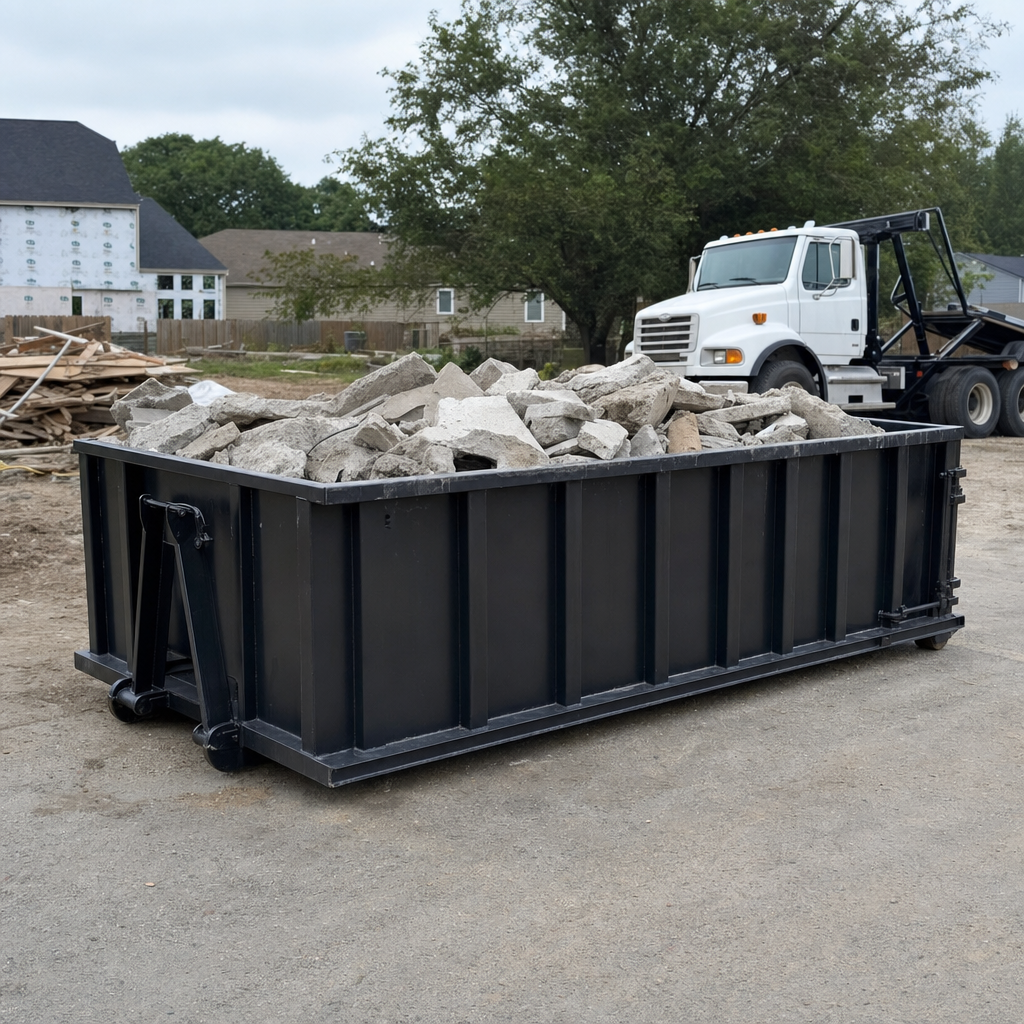 Low-profile matte-black lowboy roll-off dumpster loaded with broken concrete slab and rebar at a foundation tear-out in Smithfield, skid steer parked beside it, sunny Colorado morning