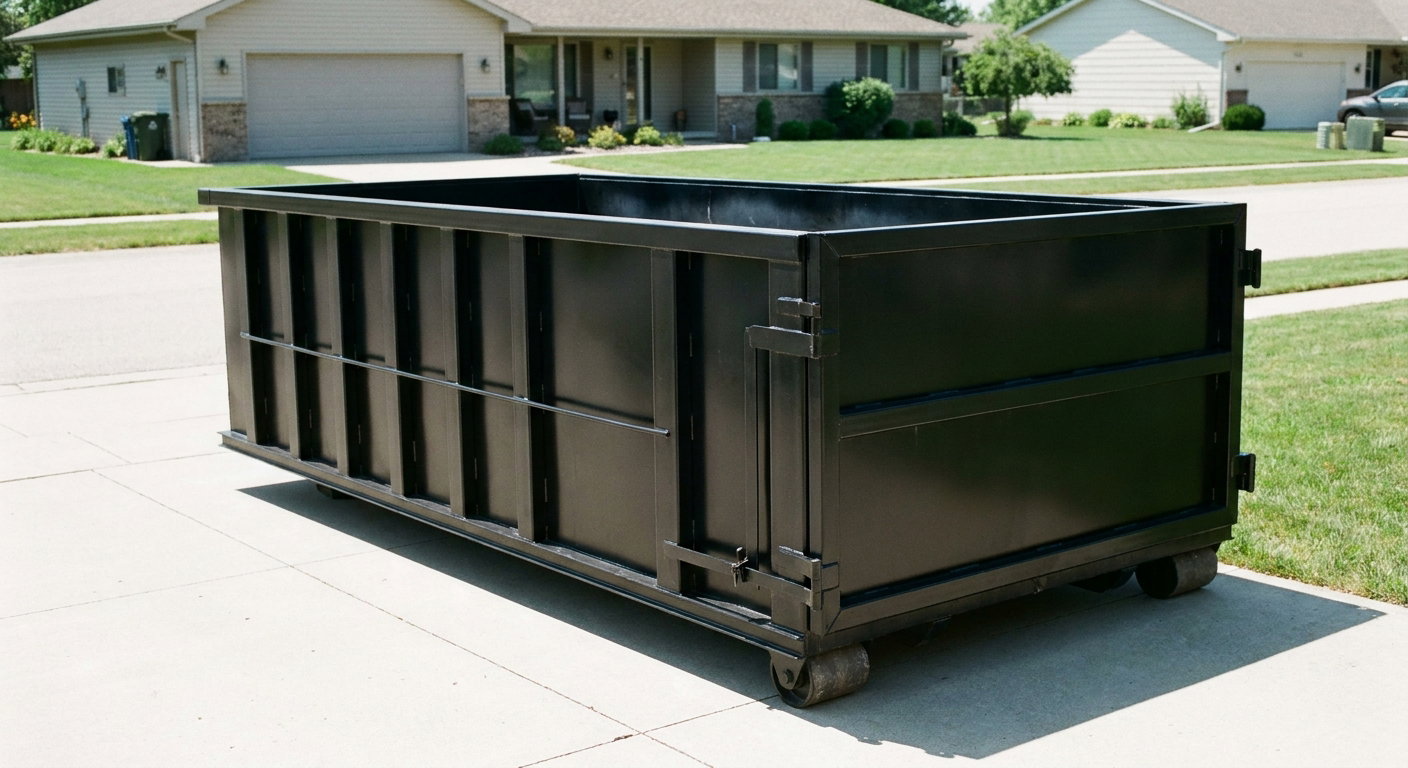 Matte-black 10-yard roll-off dumpster on a residential concrete driveway in Smithfield, uniformly painted matte black across every panel and rail, ribbed steel sidewalls and rear swing door visible, mid-day daylight.