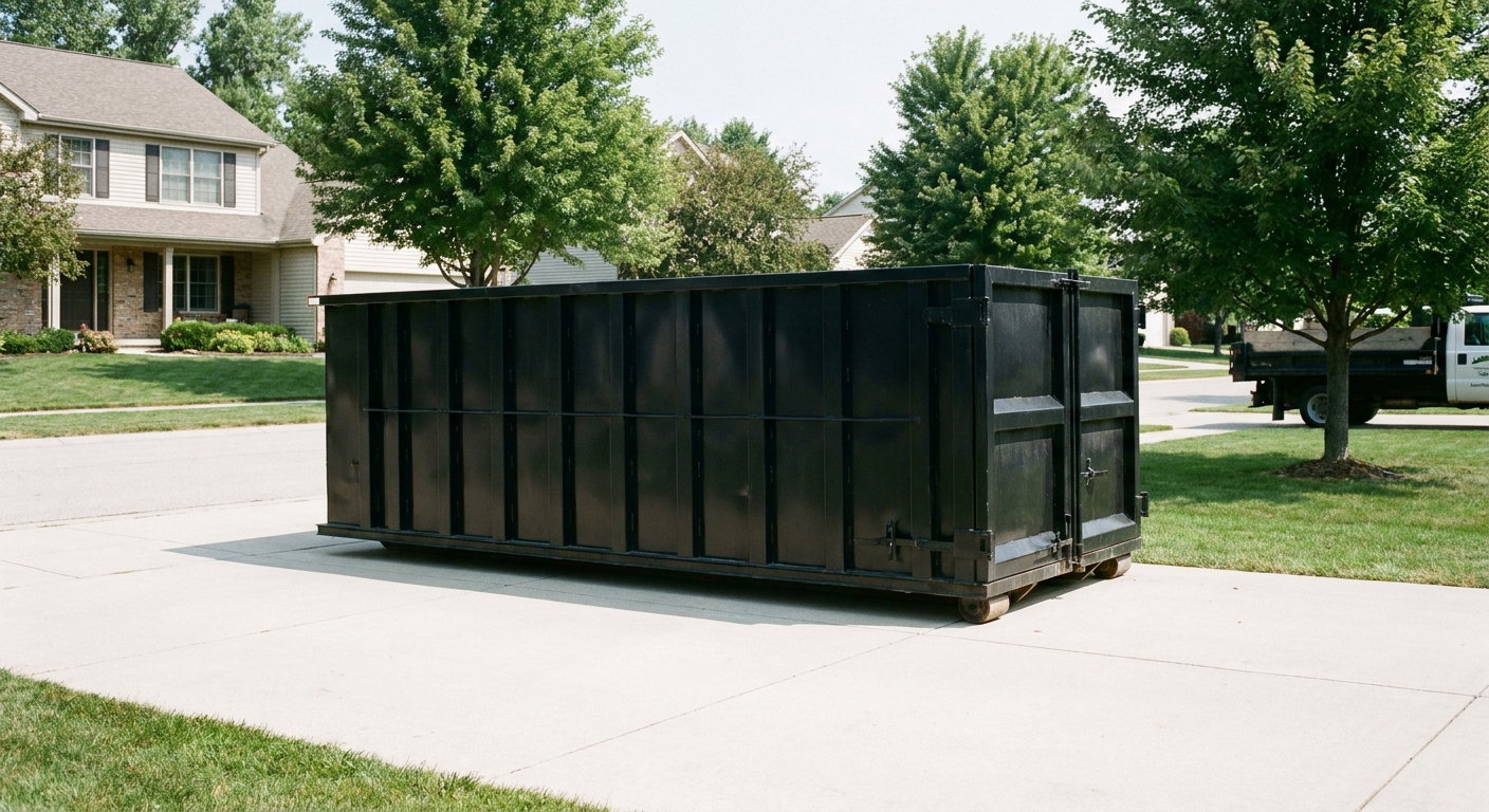 Matte-black 20-yard roll-off dumpster sitting level on a clean Smithfield residential concrete driveway under bright daylight, demonstrating clean placement directly on the concrete.