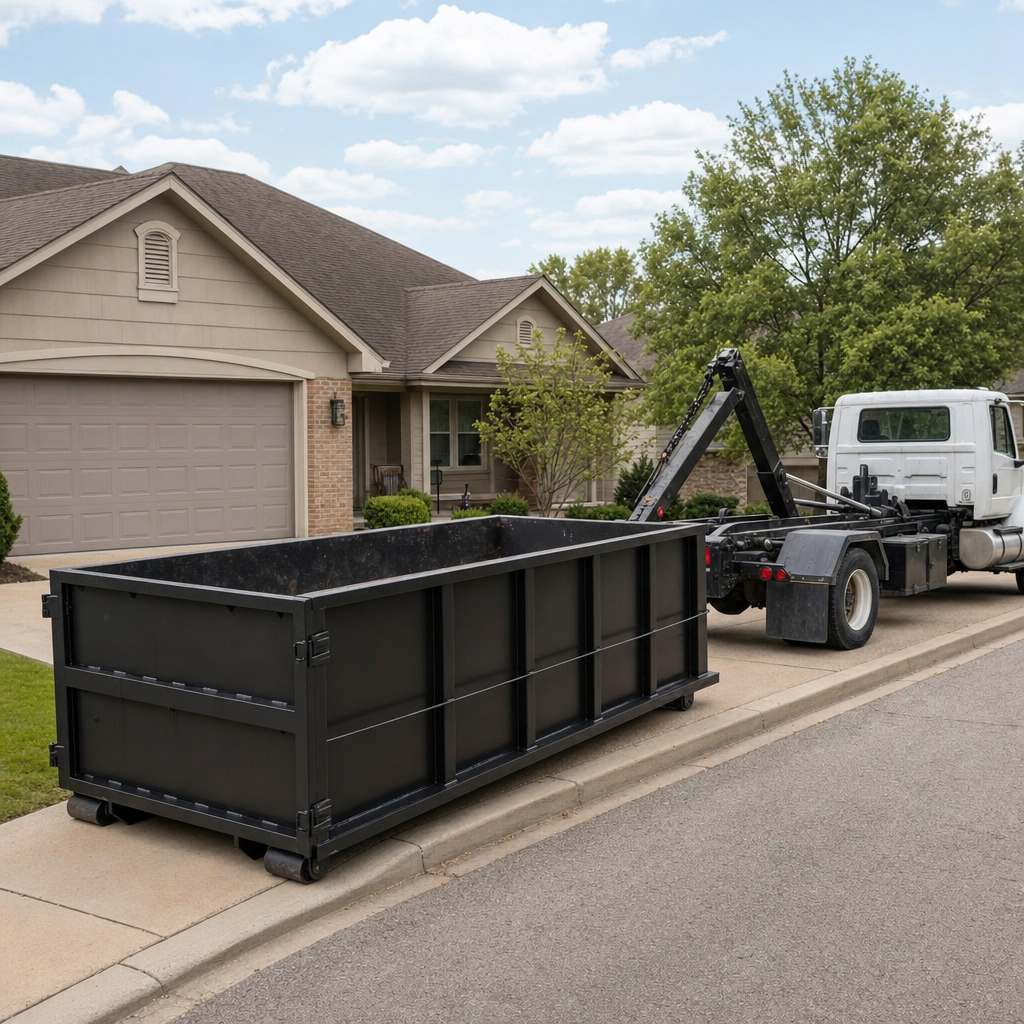 Wide documentary shot of a matte-black roll-off dumpster on a Smithfield residential driveway in the foreground and a contractor jobsite container in the soft-focus background, bright daylight, calm and orderly composition.