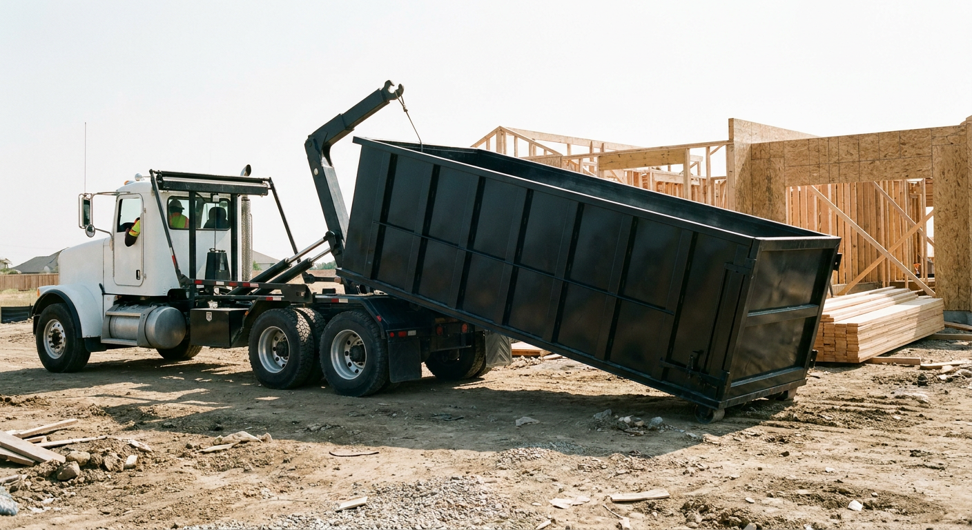 Matte-black roll-off dumpster being delivered onto a clean residential concrete driveway in Smithfield by an unmarked white hooklift hauler truck, bright morning daylight, documentary 35mm perspective.