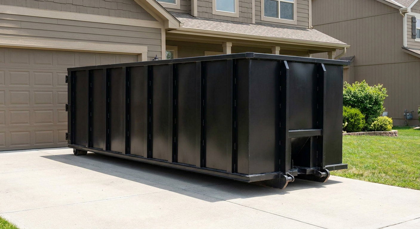 Matte-black residential roll-off dumpster sitting directly on a suburban Smithfield concrete driveway, garage door closed, single-family home in background, bright morning daylight.