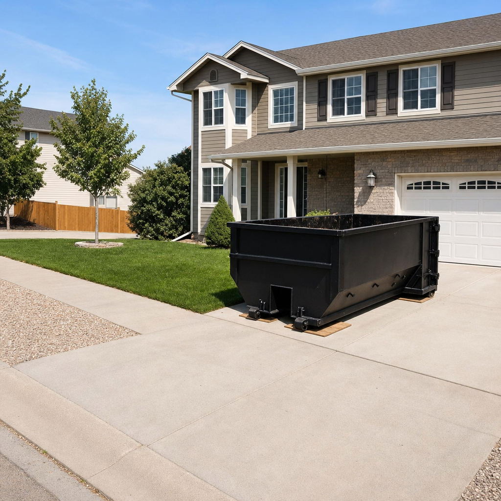 10-yard matte-black residential dumpster placed directly on a narrow Smithfield concrete driveway, room remains for a parked sedan beside it, mid-morning natural light