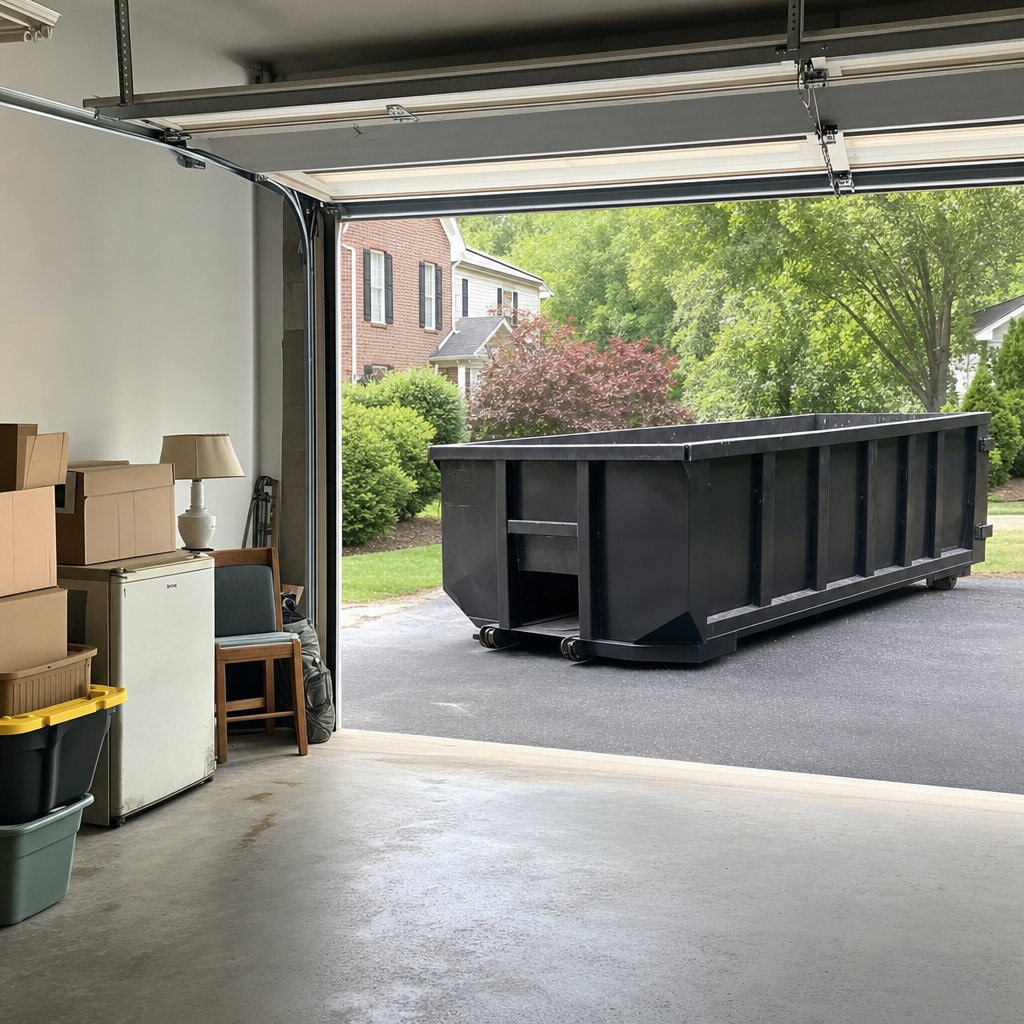 Open garage interior in a Smithfield home mid-cleanout — boxed items, an old appliance, and stacked yard tools queued near the driveway for a matte-black roll-off dumpster, organized and calm