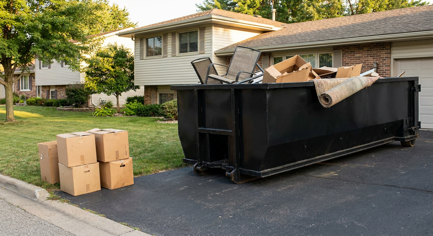 Front-yard view of a Smithfield split-level home with a 20-yard matte-black roll-off dumpster sitting directly on the asphalt driveway, a few clearly labeled donation boxes staged at the curb, calm sunny afternoon.