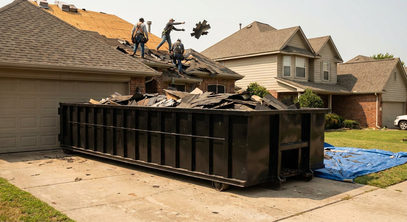 Matte-black roofing roll-off dumpster placed directly on a Smithfield residential concrete driveway, a tear-off crew on a two-story asphalt-shingle roof tossing shingle bundles into the low-walled container, bright daylight, documentary 35mm perspective.