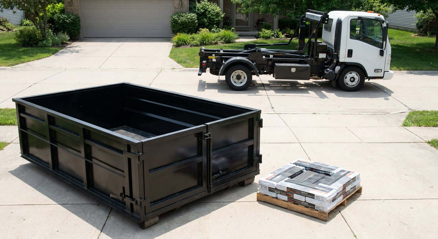 Matte-black 15-yard roofing roll-off dumpster with reinforced low side walls sitting directly on a Smithfield residential concrete driveway, three-tab asphalt shingle bundles stacked nearby, an unmarked white hauler truck partially visible at the edge of the frame.