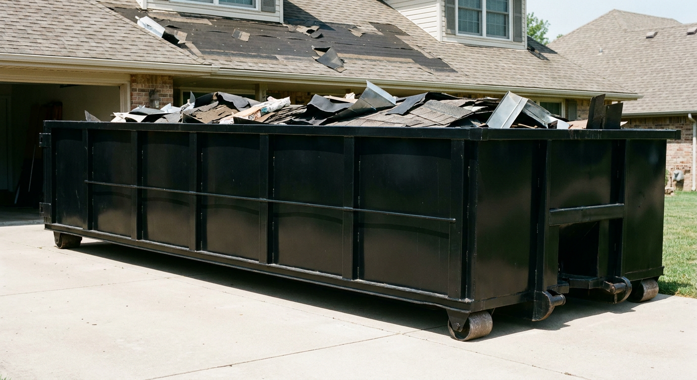 Matte-black 20-yard roofing roll-off dumpster with steel ribbed sides and swinging rear door, sitting directly on the concrete driveway of a two-story Smithfield home, asphalt shingle debris being loaded over the low wall, clean documentary lighting.