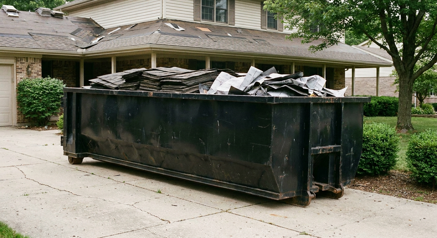 Matte-black 30-yard roofing roll-off dumpster sitting directly on a Smithfield concrete driveway, taller ribbed steel side panels, mixed tear-off debris of asphalt shingles and underlayment inside, professional documentary daylight.