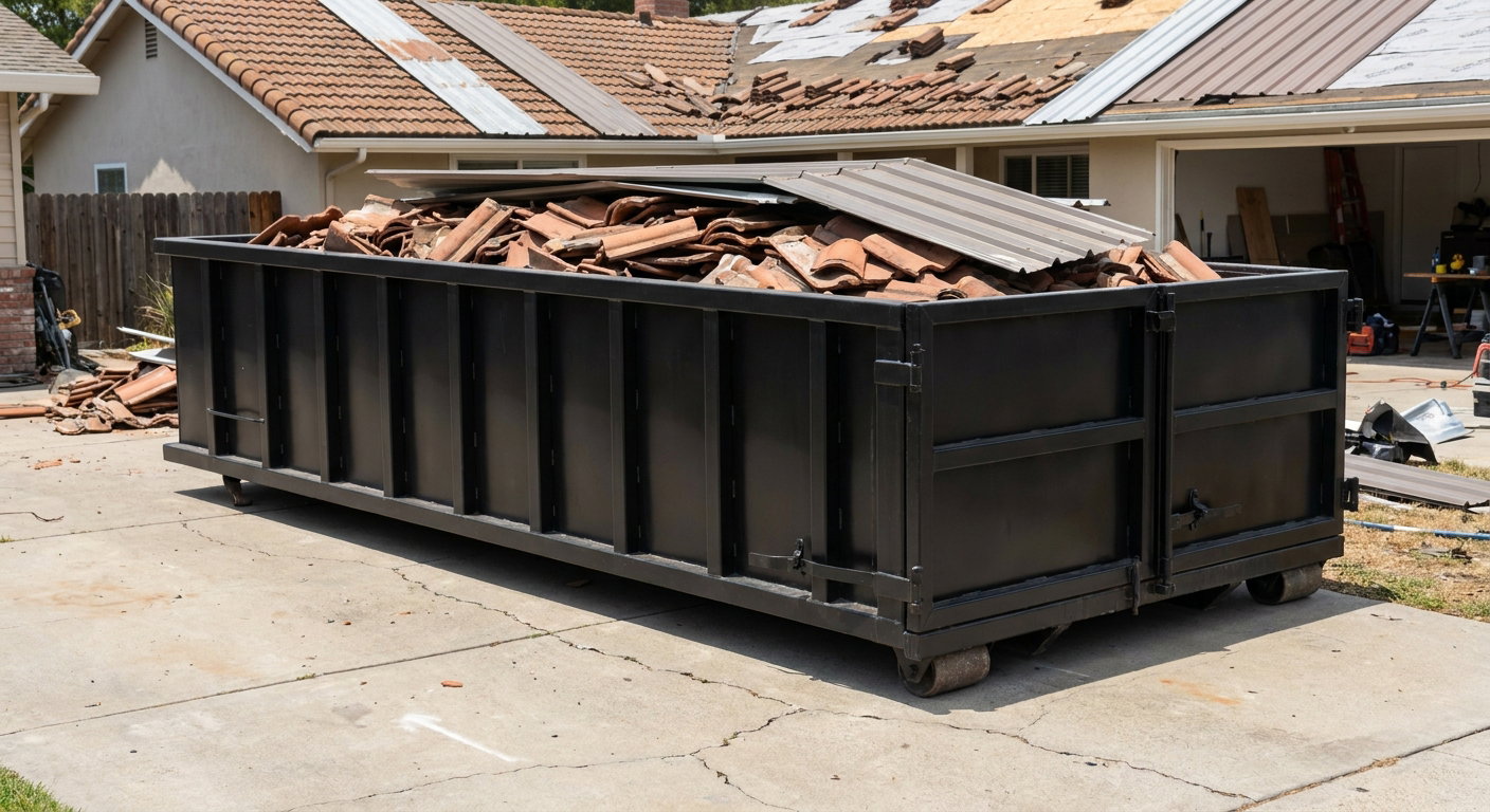 Matte-black low-wall heavy-debris roofing roll-off dumpster sitting directly on a Smithfield concrete driveway, broken concrete clay roof tiles and metal panel sections loaded inside, reinforced ribbed steel side walls visible, bright outdoor daylight.