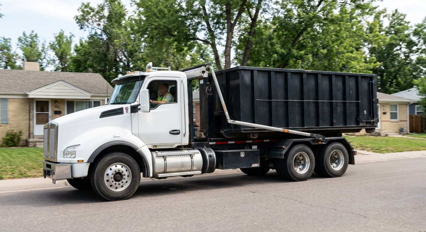 A wide documentary shot of a matte-black roll-off delivery truck pulling onto a quiet Smithfield residential street at mid-morning, with neighborhood rooftops and tree-lined blocks visible behind, showing the metro coverage footprint.