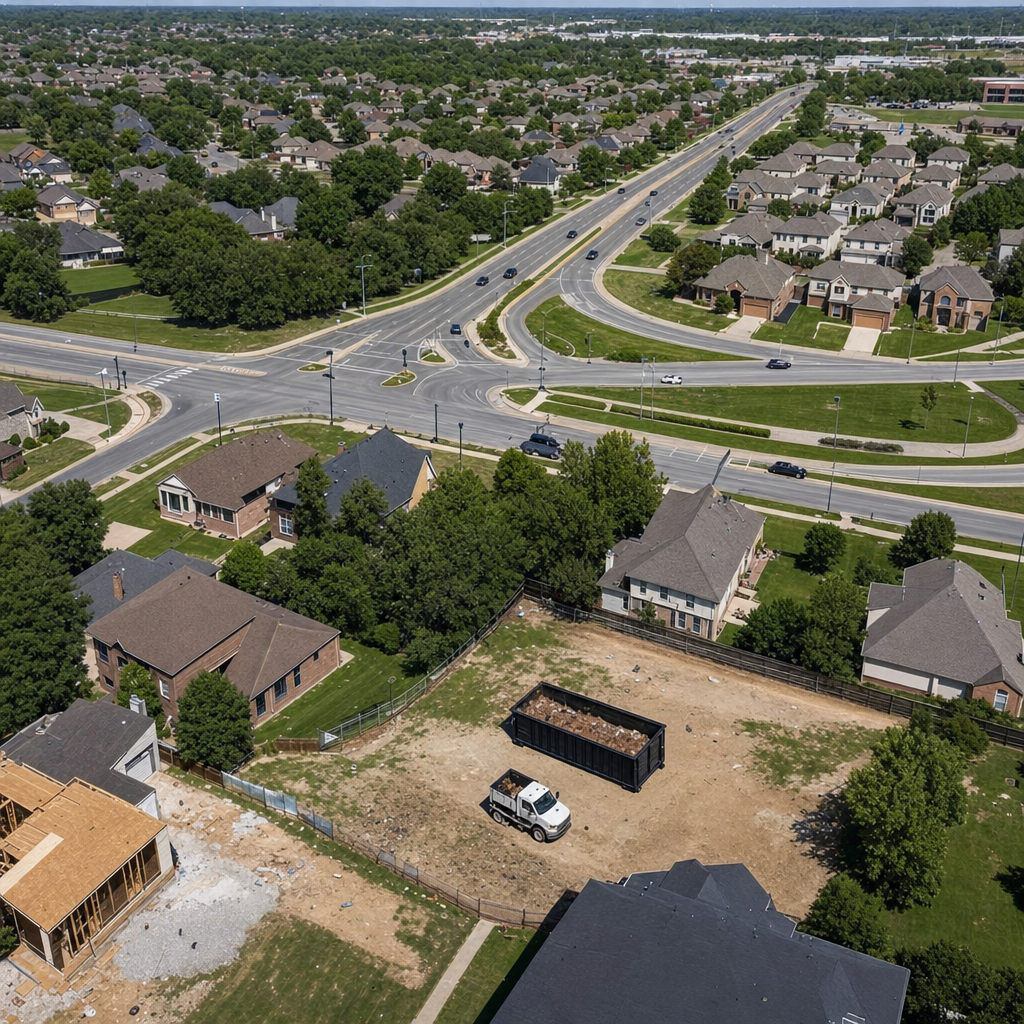 An overhead documentary view of the Smithfield metro area at midday, showing the spread of neighborhoods, arterial roads, and the dispatch radius from a central yard — clean daylight, organized geographic layout.