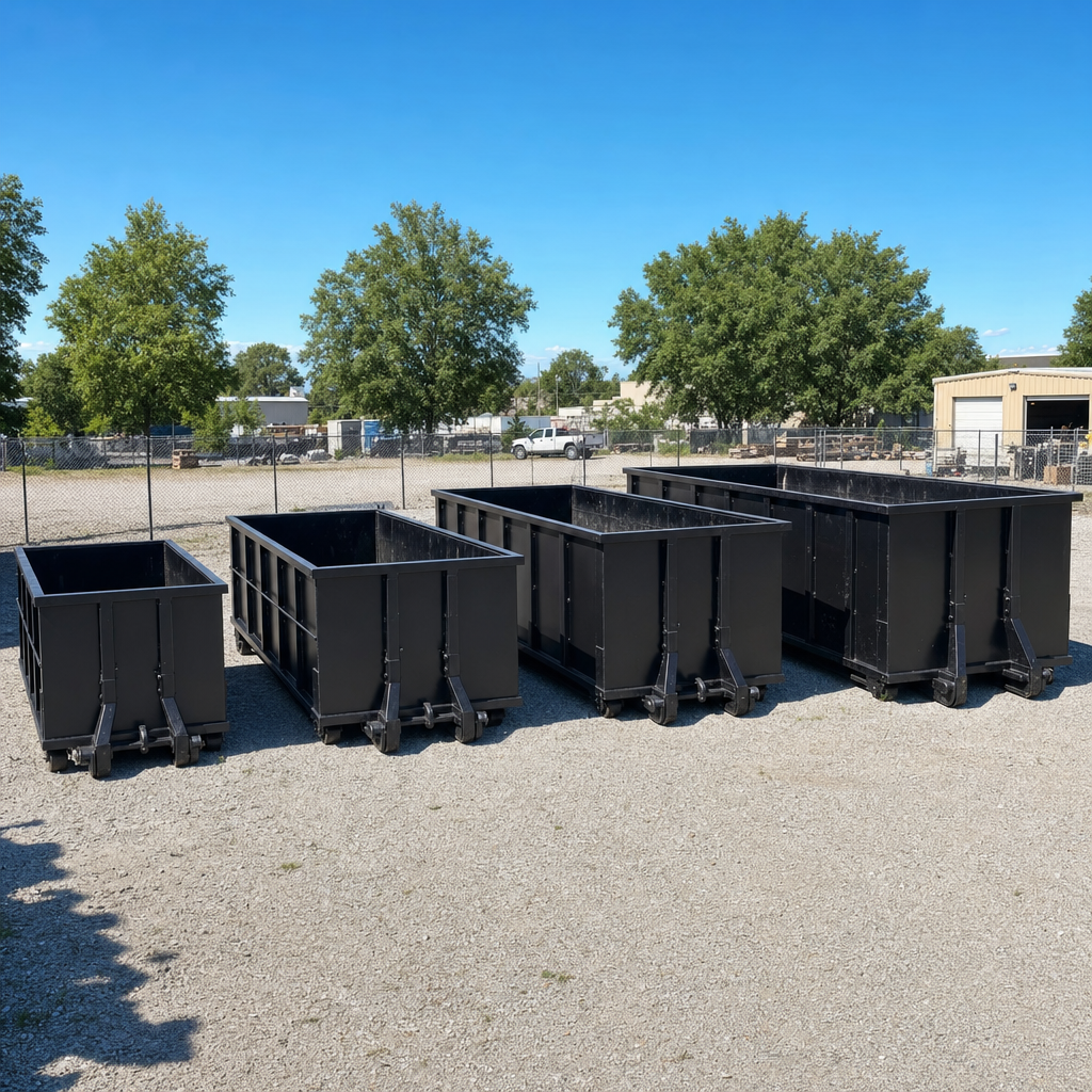 A clean lineup of matte-black roll-off dumpsters in 10, 20, 30, and 40-yard sizes staged on a sunlit gravel yard in Smithfield, showing the size progression from compact to commercial-scale containers.