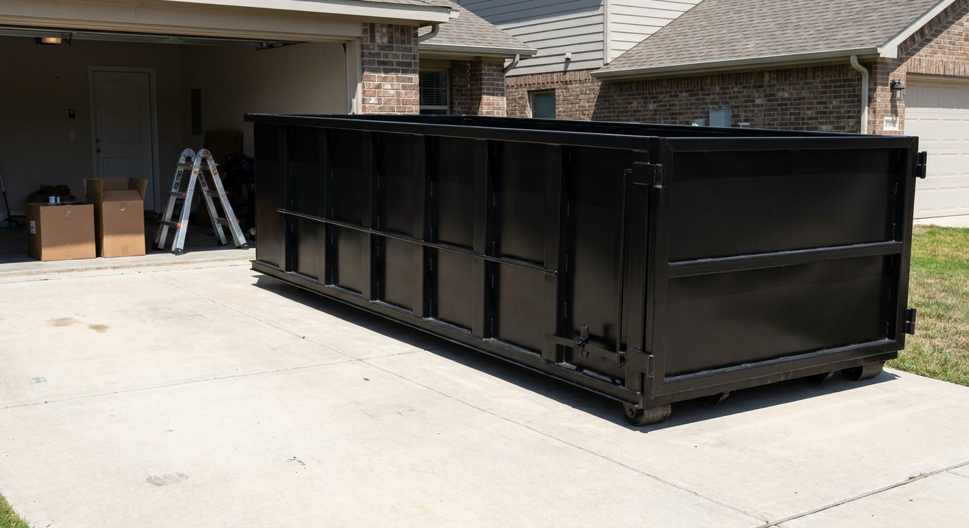 A matte-black 10-yard roll-off dumpster sitting directly on a residential Smithfield concrete driveway, mid-day sunlight, clean and ready for a garage cleanout.