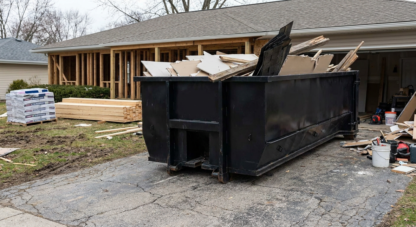 A matte-black 20-yard roll-off dumpster placed alongside a mid-renovation Smithfield home directly on the asphalt driveway, with framing materials and torn-off shingles staged neatly nearby.