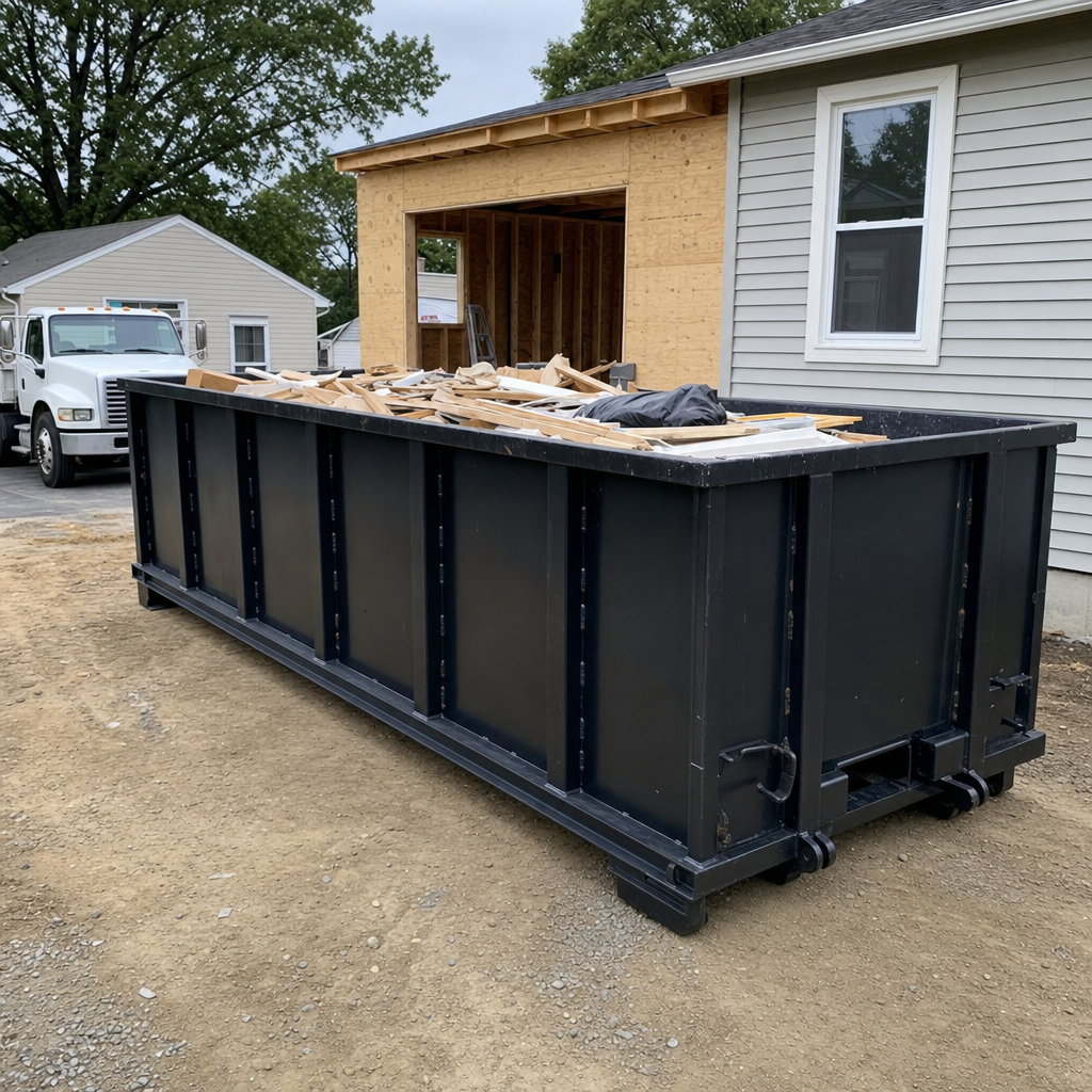 A matte-black 30-yard roll-off dumpster positioned at a Smithfield residential addition jobsite, with framing lumber and drywall scraps loaded through the open swinging rear doors.