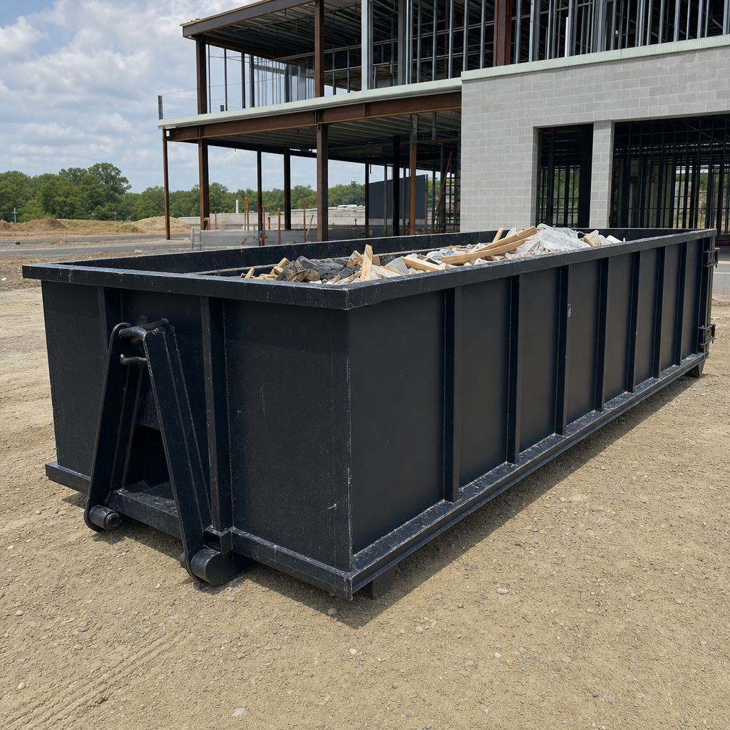 A matte-black 40-yard roll-off dumpster staged on a large Smithfield commercial construction lot, with a hooklift delivery truck parked alongside under bright midday sky.