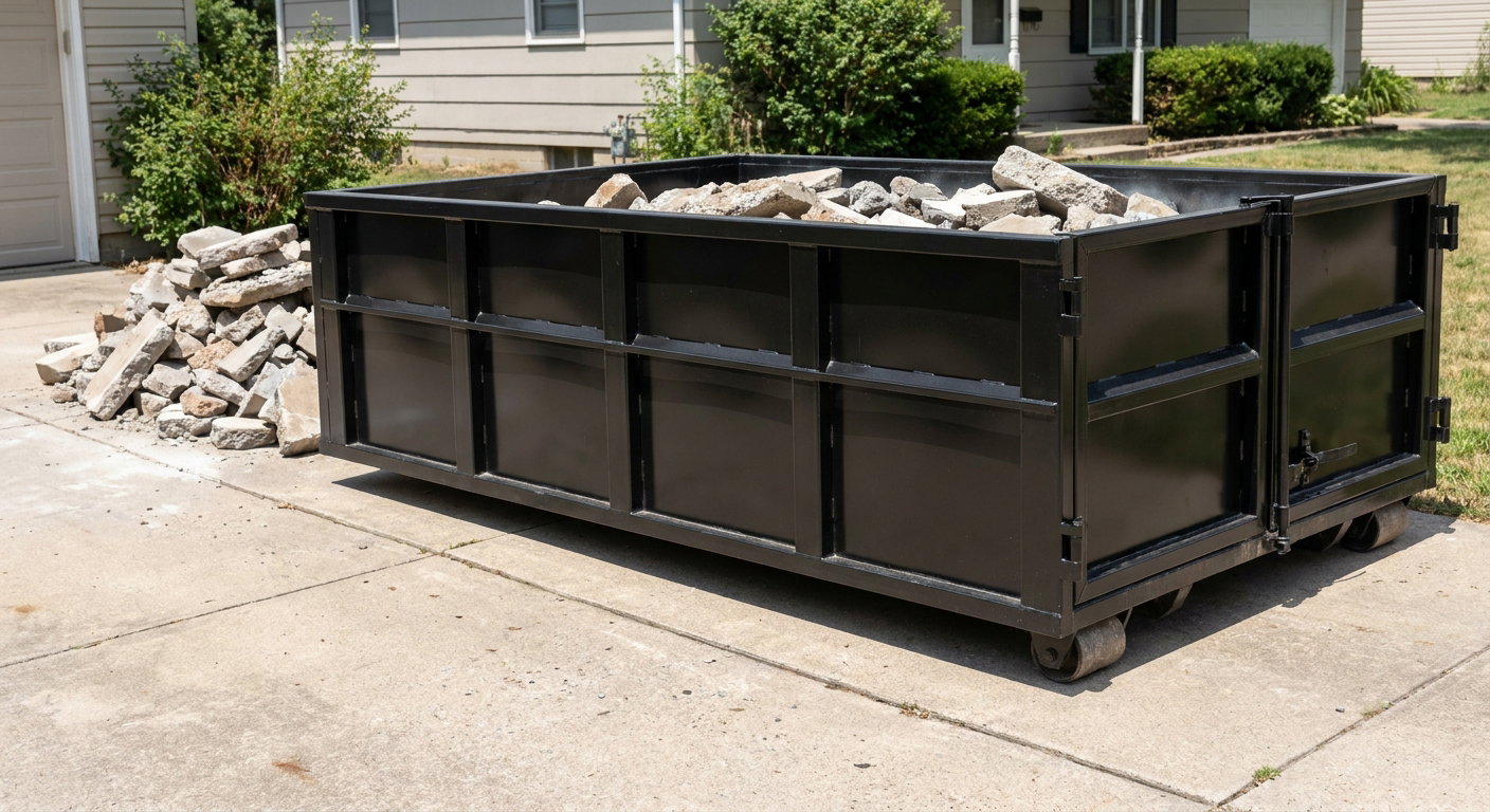 A matte-black low-side heavy-debris roll-off dumpster placed directly on a Smithfield concrete driveway, with broken concrete chunks neatly stacked beside it under clean daylight.